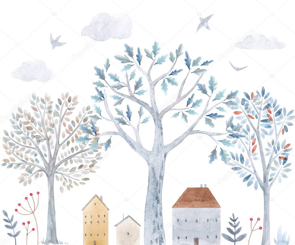 Beautiful winter composition with hand drawn watercolor cute trees and houses. Stock illustration.