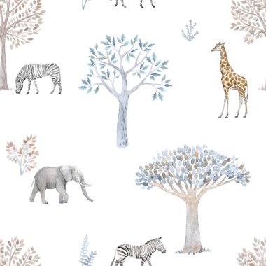 Güzel, pürüzsüz desenli, elle çizilmiş suluboya şirin ağaçlar ve safari fili zürafa zebra hayvanları. Stok illüstrasyonu.