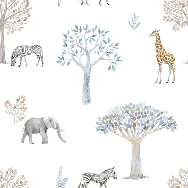 Mooi naadloos patroon met met de hand getekende aquarel schattige bomen en safari olifant giraffe zebra dieren. Voorraadillustratie. — Stockfoto