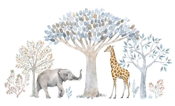 Gyönyörű kompozíció kézzel rajzolt akvarell aranyos fák és szafari állatok. Készletillusztráció. — Stock Fotó