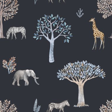 Güzel, pürüzsüz desenli, elle çizilmiş suluboya şirin ağaçlar ve safari fili zürafa zebra hayvanları. Stok illüstrasyonu.