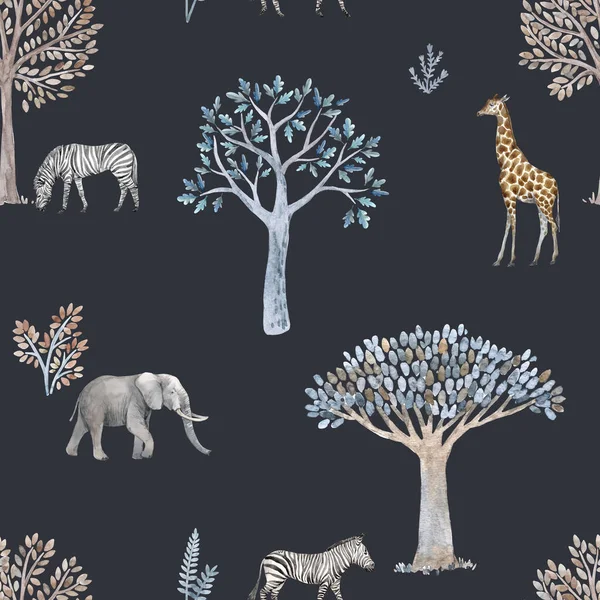 Mooi naadloos patroon met met de hand getekende aquarel schattige bomen en safari olifant giraffe zebra dieren. Voorraadillustratie. — Stockfoto