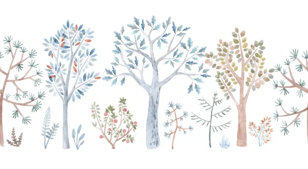 Krásná zima bezešvé vzor s ručně kreslené akvarel roztomilé stromy. Stock illustration. — Stock fotografie
