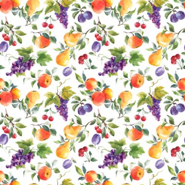 Elle çizilmiş suluboya, armut armudu, vişne armudu ve erik aromalı güzel vektörsüz desen. Stok illüstrasyonu.