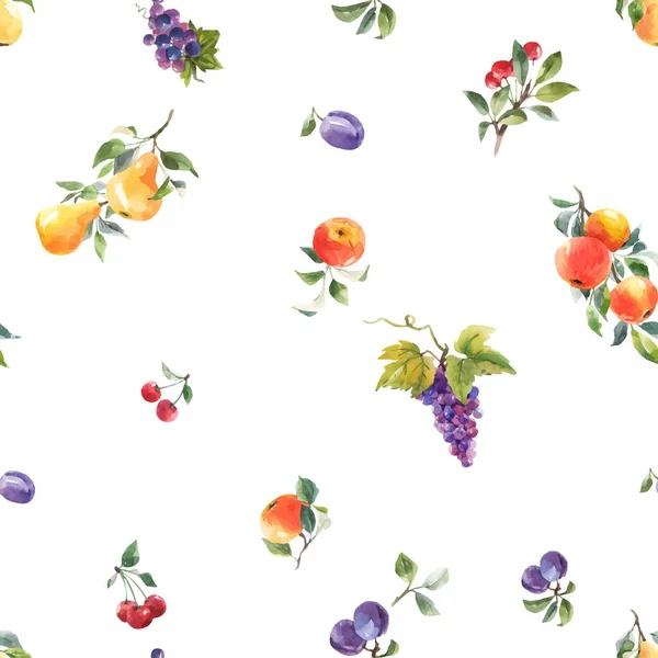 Magnifique motif vectoriel sans couture avec aquarelle dessinée à la main savoureux poire d'été pomme raisin fruits de prune cerise. Illustration de stock. — Image vectorielle