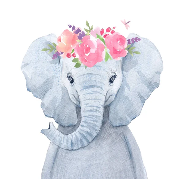 Beautiful animal portrait with hand drawn watercolor cute baby elephant in floral wreath. Stock illustration — Stock Photo, Image
