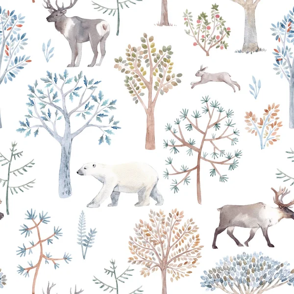 Magnifique motif hivernal sans couture avec aquarelle dessinée à la main arbres mignons et ours de forêt renard cerf animaux. Illustration de stock. — Photo