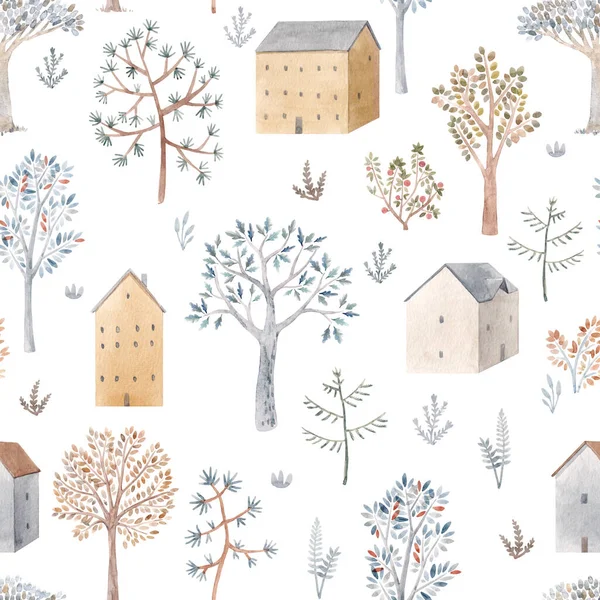 手描きの水彩かわいい木や家と美しい冬のシームレスなパターン。ストックイラスト. — ストック写真