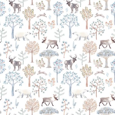 Elle çizilmiş suluboya ağaçlar ve orman ayısı tilki geyiği hayvanlarıyla güzel, pürüzsüz bir kış deseni. Stok illüstrasyonu.