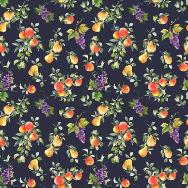 Elle çizilmiş suluboya lezzetli armut armudu üzümlü meyveli güzel vektörsüz desen. Stok illüstrasyonu.