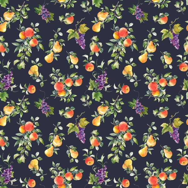 Prachtige vector naadloze patroon met de hand getrokken aquarel smakelijke zomer peer appel druiven fruit. Voorraadillustratie. — Stockvector