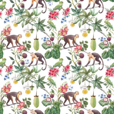 Şirin elleriyle suluboya maymun ve egzotik orman çiçekleriyle kusursuz tropikal desenler. Stok illüstrasyonu.