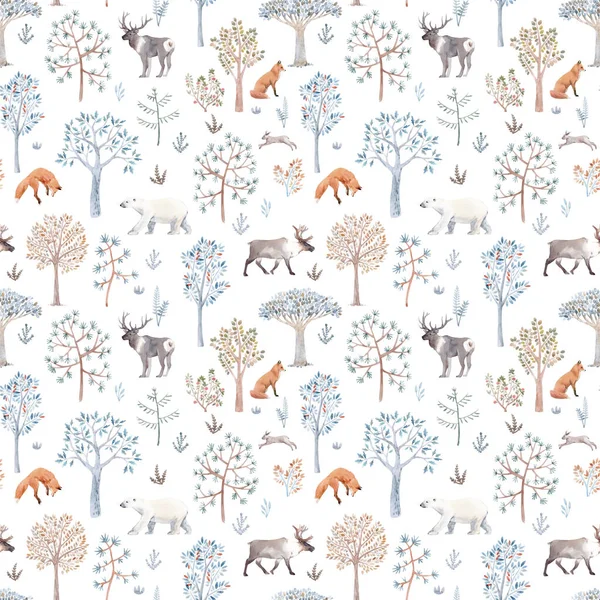 Beautiful winter seamless pattern with hand drawn watercolor cute trees and forest bear fox deer animals. Stock illustration. — Stock Photo, Image