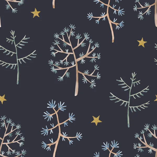 Зимний беззубый узор с нарисованными акварелью симпатичными деревьями. Иллюстрация. — стоковое фото