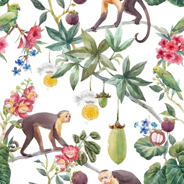 Beau motif floral tropical sans couture avec mignon singe aquarelle dessiné à la main et fleurs exotiques de la jungle. Illustration de stock. — Photo