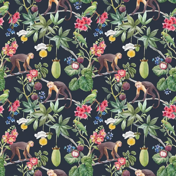 Beau motif floral tropical sans couture avec mignon singe aquarelle dessiné à la main et fleurs exotiques de la jungle. Illustration de stock. — Photo