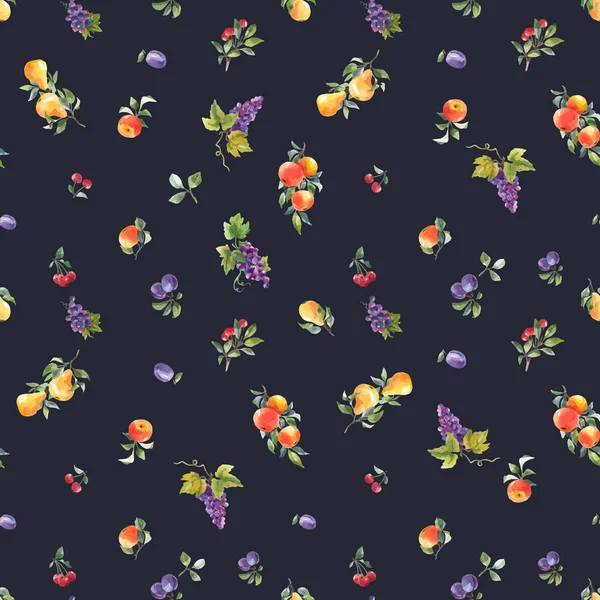 Magnifique motif vectoriel sans couture avec aquarelle dessinée à la main savoureux poire d'été pomme raisin fruits de prune cerise. Illustration de stock. — Image vectorielle