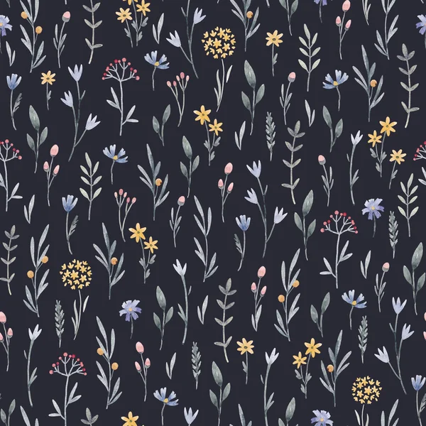 Vackert blommigt sömlöst mönster med söta akvareller handritade vilda blommor. Lagerillustration. — Stockfoto