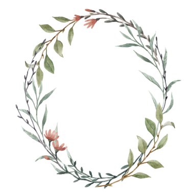 Elle çizilmiş, suluboya, güzel desenli çiçek çelengi..