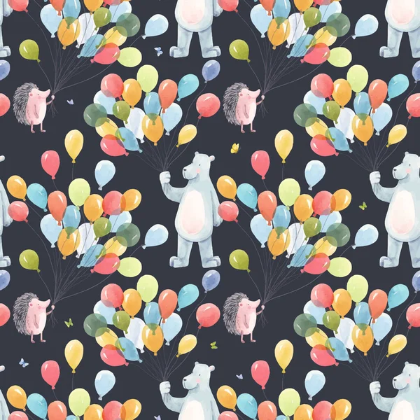 Mooie autotraced vector baby verjaardag naadloos patroon met de hand getrokken aquarel schattig egel beer dieren en luchtballonnen. Voorraadillustratie. — Stockvector