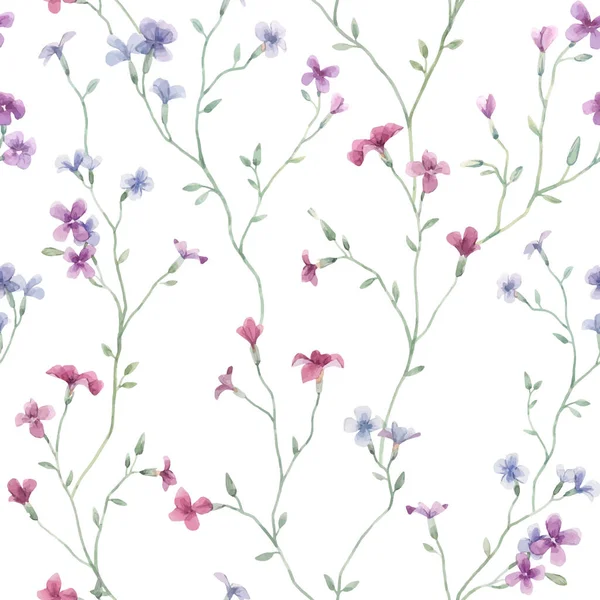 Belo vetor autotraçado padrão floral sem costura com mão aquarela suave desenhado roxo flores campo selvagem. Ilustração das existências. —  Vetores de Stock