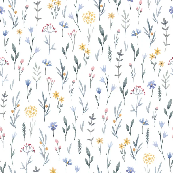 Krásný květinový bezešvý vzor s roztomilou akvarel ručně kreslené divoké květiny. Stock illustration. — Stock fotografie