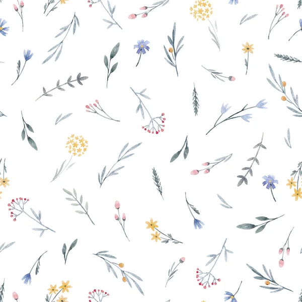 Beau motif floral sans couture avec de jolies fleurs sauvages dessinées à la main aquarelle. Illustration de stock. — Photo