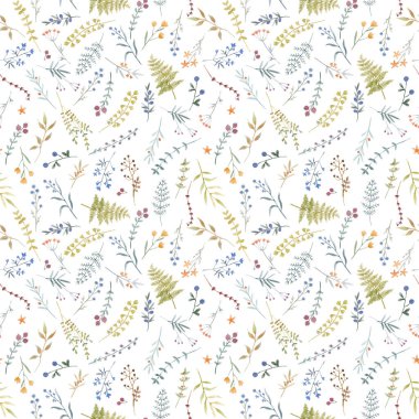 Çiçeksiz desenli, tatlı suluboya elleriyle yabani çiçekler çizmiş. Stok illüstrasyonu.