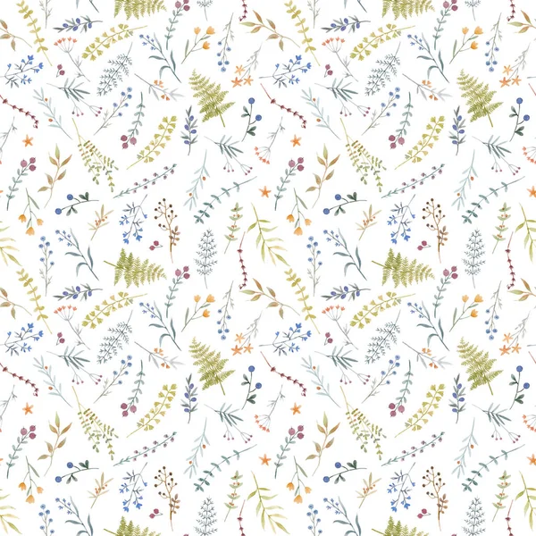 Çiçeksiz desenli, tatlı suluboya elleriyle yabani çiçekler çizmiş. Stok illüstrasyonu.