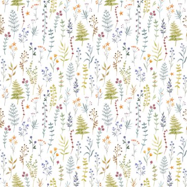 Çiçeksiz desenli, tatlı suluboya elleriyle yabani çiçekler çizmiş. Stok illüstrasyonu.