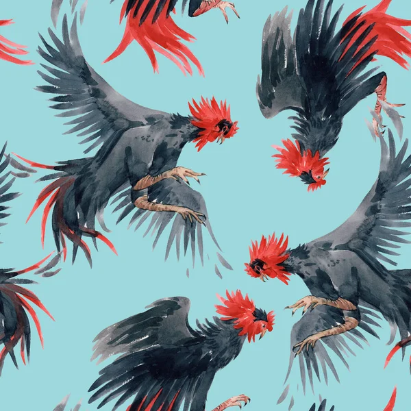 黒い鶏と戦う水彩で美しいシームレスなパターン。ストックイラスト. — ストック写真