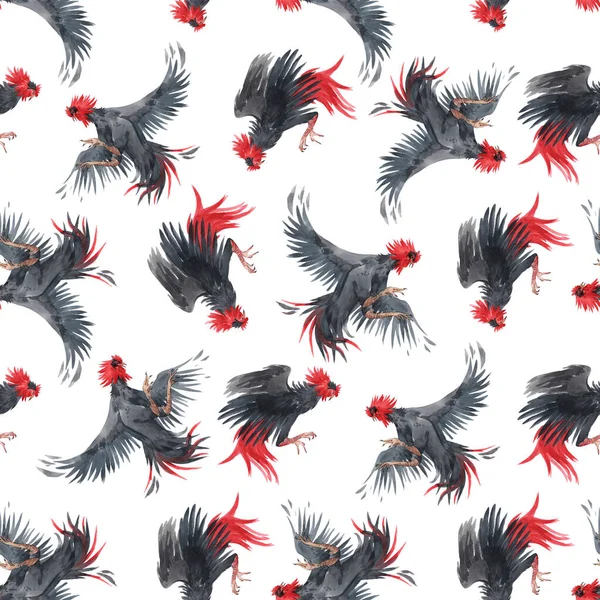 Hermoso patrón sin costuras con acuarela luchando gallos negros. Ilustración general. —  Fotos de Stock