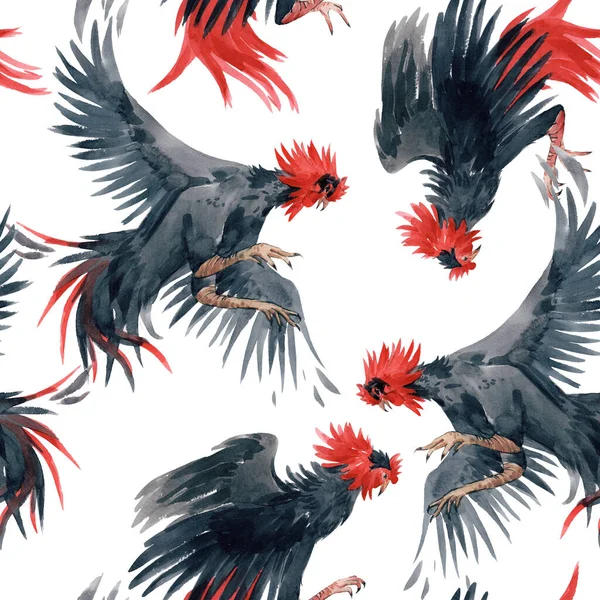 Beautiful seamless pattern with watercolor black roosters. Stock illustration. — Stock Photo, Image