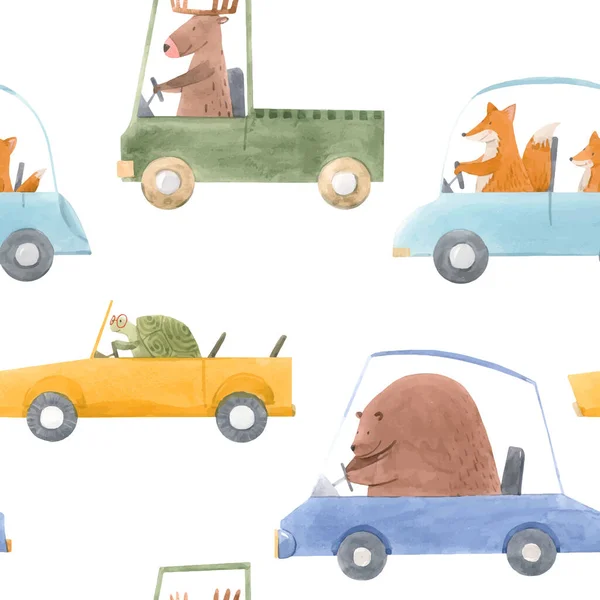 Hermoso patrón de bebé inconsútil vector con lindos conductores de animales acuarela dibujado a mano en los coches. Ilustración general. — Vector de stock