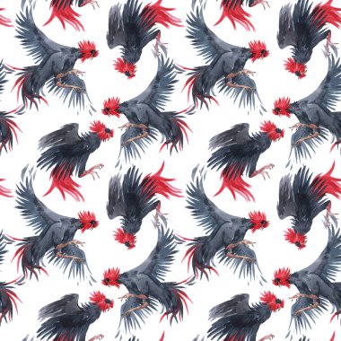 Sulu boyalı siyah horozlu güzel, pürüzsüz bir desen. Stok illüstrasyonu.