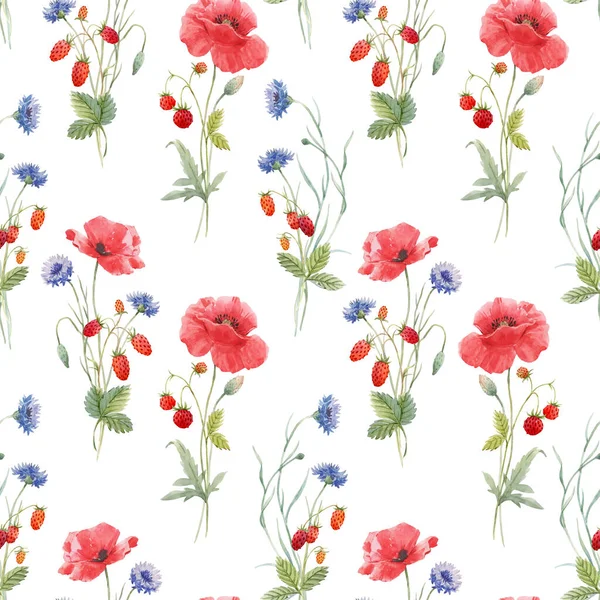 Beautiful seamless floral pattern with hand drawn watercolor gentle wild field flowers cornflower poppy. Stock illuistration. — Stock Photo, Image