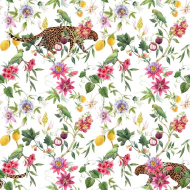 Elle çizilmiş suluboya egzotik orman çiçekleriyle kusursuz tropikal desenler. Stok illüstrasyonu.