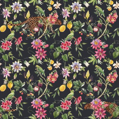 Elle çizilmiş suluboya egzotik orman çiçekleriyle kusursuz tropikal desenler. Stok illüstrasyonu.