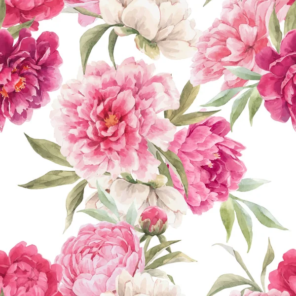 Hermoso vector patrón floral sin costuras con acuarela dibujada a mano suaves flores de peonía rosa. Ilustración de existencias. — Archivo Imágenes Vectoriales