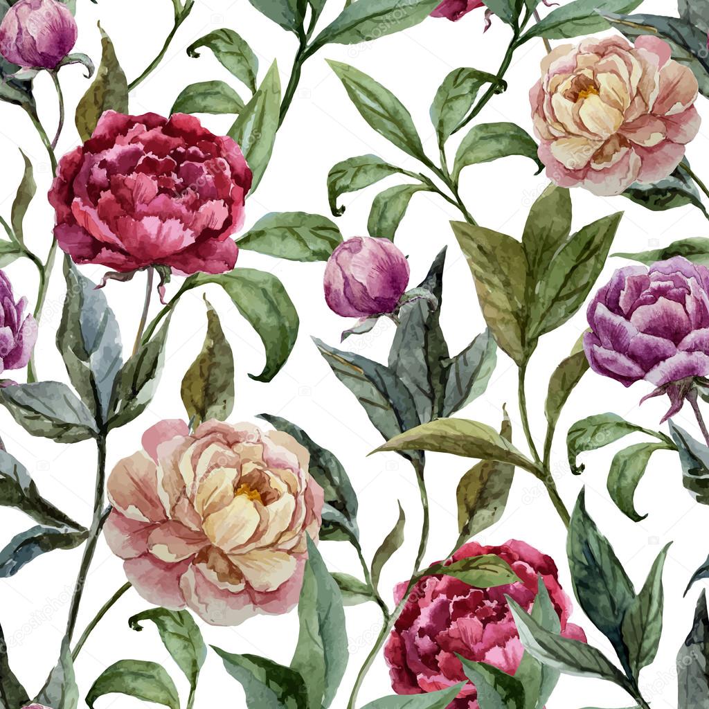 Beautiful vector watercolor pattern with peonies on white fon3
