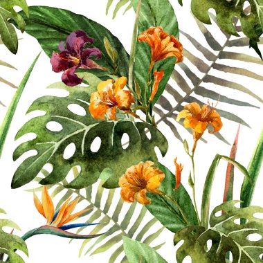 suluboya tropikal desen orkide ebegümeci yaprakları