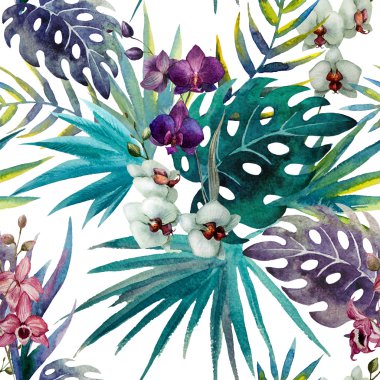 pattern orchid hibiscus leaves watercolor tropics clipart
