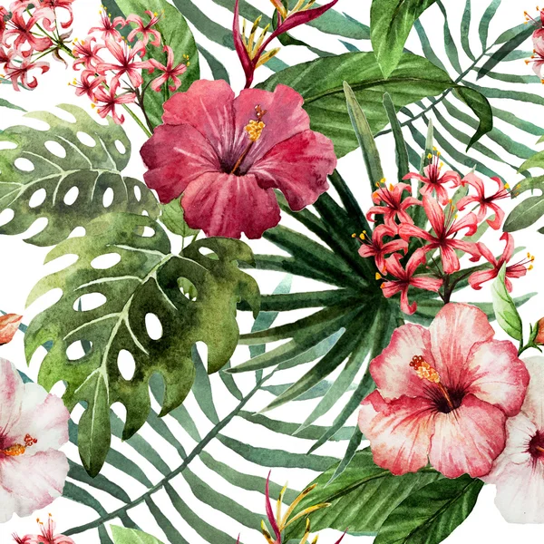 Pattern orchid hibiscus leaves watercolor tropics — Stock Photo, Image