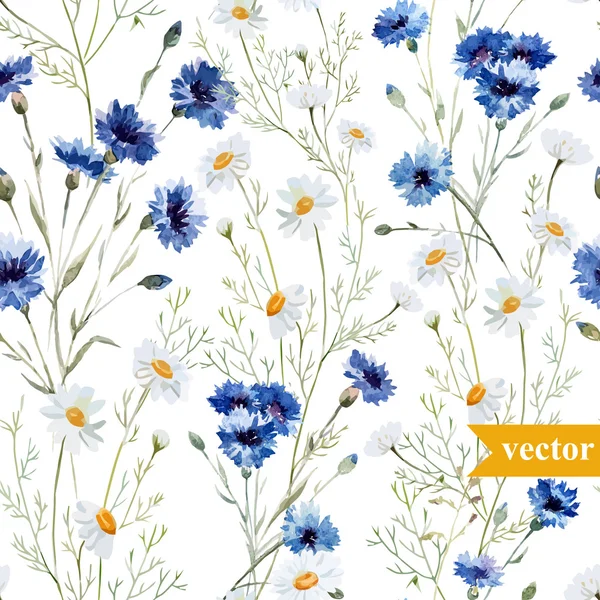 Aquarell Mohn, Kornblume, Gänseblümchen Wildblumen Hintergrund — Stockvektor