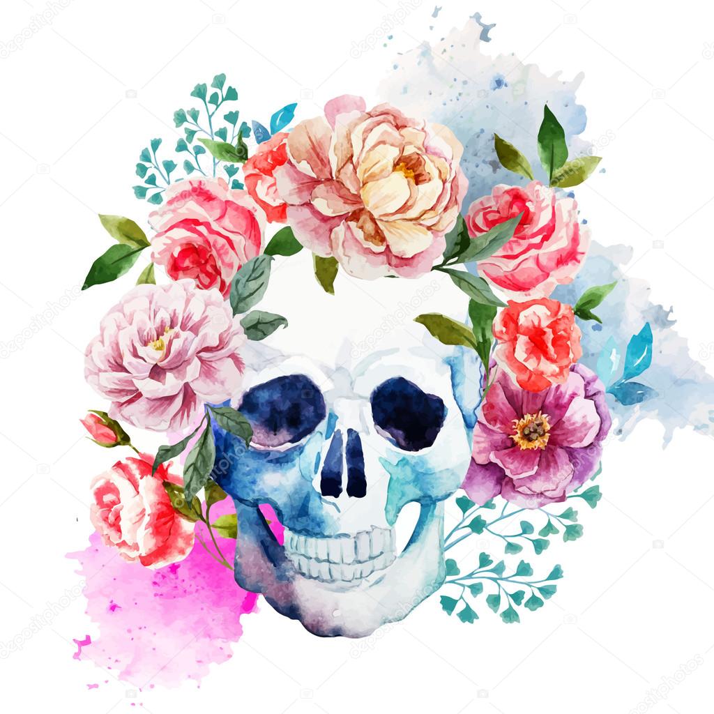 Peony watercolor skull