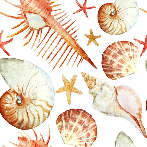 Watercolor corals, shell and starfish, pattern — Stock Photo, Image