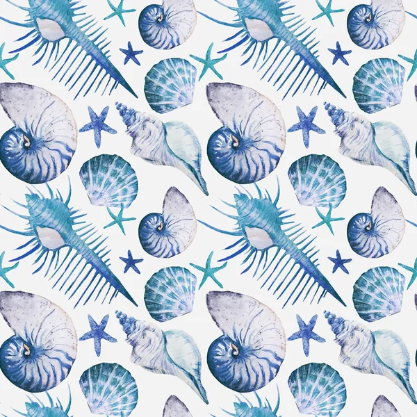 Aquarel koralen, shell en zeesterren, patroon — Stockfoto