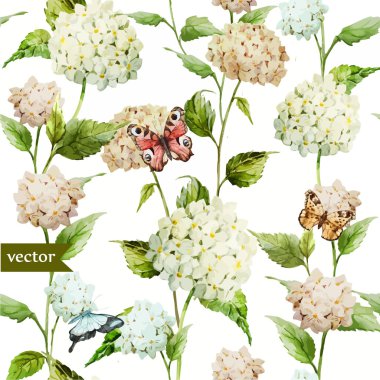 Ortanca ve buterflies suluboya çiçek deseni