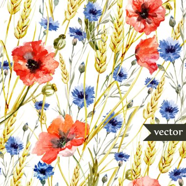 Poppy, cornflower, Watercolor flowers pattern clipart