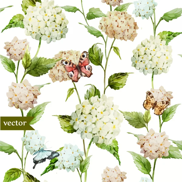 Hydrangea hortensia en buterflies aquarel veldboeket patroon — Stockvector